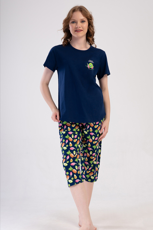 Piżama damska krótki rękaw, 3/4 spodnie PLUS SIZE 4100700231 granatowa Vienetta