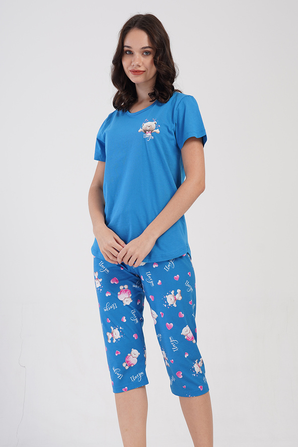 Piżama damska 4070055698 krótki rękaw, spodnie 3/4 niebieska Vienetta