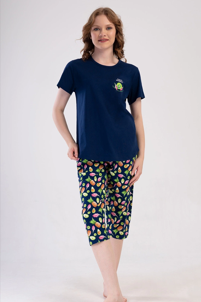 Piżama damska krótki rękaw, 3/4 spodnie PLUS SIZE 4100700231 granatowa Vienetta